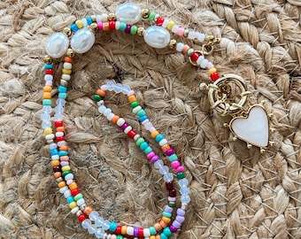 Mixed Beads Necklace, Colorful Necklace, Rainbow Necklace, Layering Necklace, Heart Charm Necklace, Summer Style, Reversible Necklace, Charm