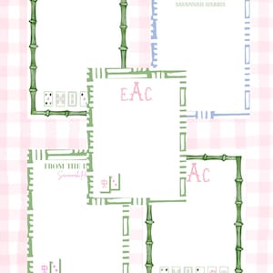 May include: A collection of stationery with bamboo-style green borders and text. The text includes "CRACK. DOT. BAM", "FROM THE DESK OF SAVANNAH HARRIS", and initials. The background is a pink and white checkered pattern.