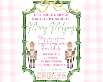 May include: A festive invitation with a pink and white checkered background. The invitation features a green bamboo frame with text that reads "Let's Jingle & Mingle for a Festive Night of Merry Mahjong." Includes nutcracker illustrations and event details.