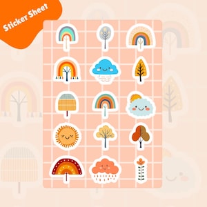 Könnte beinhalten: Ein Stickerbogen mit einer Vielzahl farbenfroher, skurriler Designs. Die Aufkleber zeigen Regenbogen, Bäume, Wolken und eine lächelnde Sonne. Das Blatt hat ein Rastermuster und die Worte "Sticker Sheet" in einem orangefarbenen Banner.