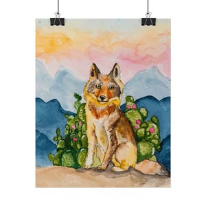 Coyote Watercolor Print - Nursery or Home Decor - Desert Watercolor Art - Coyote and Cactus Home Decor