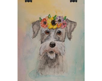 Schnauzer-aquarelprint – hond met bloemenkroon, ingelijste muurkunst