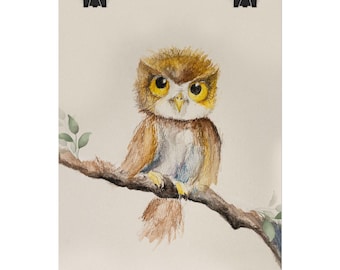 Stampa acquerello di gufo – Decorazione murale con animali per la cameretta dei bambini, stravagante decorazione per bambini