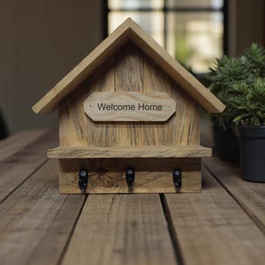 Personalized Key Hanger with Hooks – Rustic Wooden Key Holder for Wall – Handmade Birdhouse Entryway Organizer