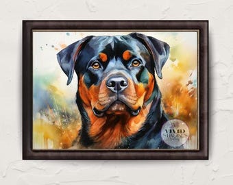 Może przedstawiać: Oprawiony obraz akwarelowy przedstawiający psa rasy Rottweiler. Pies ma czarne futro z brązowymi znaczeniami wokół pyska i oczu. Tło przedstawia kolorowe rozpryski akwareli w odcieniach żółci, pomarańczy i zieleni.