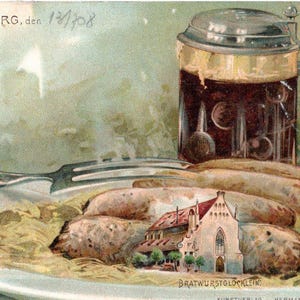 Norimberga 1908 – Bratwurst & Bier, Bratwurstglöcklein – Farblithographie, Tannen-Zweig, Hermann Martin