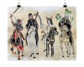 May include: A poster print featuring a tattoo-style illustration of the Four Horsemen of the Apocalypse. Each figure rides a horse, with the riders depicted as a skeleton, a grim reaper, a woman, and a skeleton. The artwork is in a vintage style.
