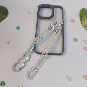 Telefoonbandje met zoetwaterparel met kralen Aquamarijn edelsteen telefoonbedel Lampwork glazen kraal telefoonkoord