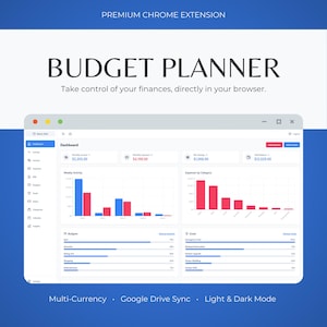 以下が含まれることがあります： コンピューター画面に表示されたデジタル予算プランナーのインターフェース。収入、支出、貯蓄などの財務データがグラフとともに表示されます。「BUDGET PLANNER」の文字が上部にあります。