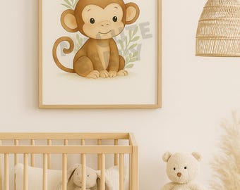 Baby Monkey Nursery Print: Watercolor Jungle Animal Art (Digital Download A4/8x10/11x14 inches)