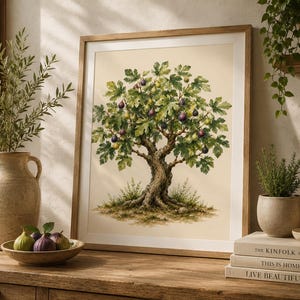 Può includere: Una stampa d'arte botanica incorniciata che presenta un'illustrazione dettagliata di un fico con foglie verdi e fichi viola su uno sfondo color crema. L'opera è esposta in una cornice di legno chiaro, mostrando un tronco nodoso e fogliame.