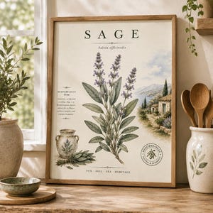 May include: A framed botanical print titled SAGE Salvia officinalis featuring a central illustration of a sage plant with purple flowers, a small ceramic jar, a coastal landscape, and text including Mediterranean Herb and Sun Soil Sea Heritage.