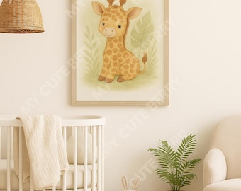 Impresión de acuarela de jirafa bebé: Arte mural de safari para guardería (descarga digital)