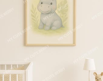 Baby Hippo Nursery Print: Watercolor Jungle Animal Art (Digital Download)