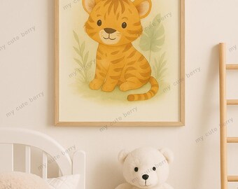 Lámina infantil de safari de tigre bebé: Arte de animales de la selva en acuarela (Descarga digital A4/8x10/11 x 14 pulgadas, PNG)
