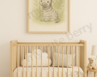 May include: A framed watercolor print of a baby zebra with gray and white stripes, set against a soft green background. Below, a light wood crib is furnished with a cloud-shaped pillow and a striped pillow. A small teddy bear sits on a side table.
