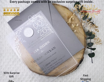 Invito di nozze personalizzato in acrilico, Nikkah musulmano in argento, design elegante e lussuoso e spedizione esente da tasse