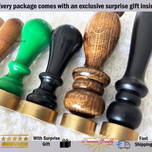 May include: A collection of wax seal stamps with wooden and black handles, and brass bases. The image includes the text "Every package comes with an exclusive surprise gift inside."