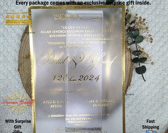 Golden Acrylic Islamic Wedding Invitation, Nikkah, Handmade and Tax-Free Shipping