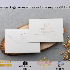 Golden Wedding Invitation, Nikkah Invitations, Bohemian Invitation, Luxury Invitation, Minimalist Invitation with Gifts and Insured Shipping