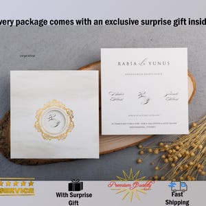 Golden Wedding Invitation, Nikkah Invitations, Luxury Invitation, Arabic Invitation, Islamic Invitation with Gifts and Insured Shipping