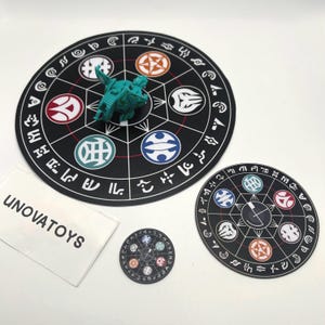 May include: A teal toy figure sits on a black circular mat with a colorful design. Two additional mats with similar designs are also present. A white card with the text "UNOVATOYS" is in the lower left corner. The mats feature various symbols and patterns.