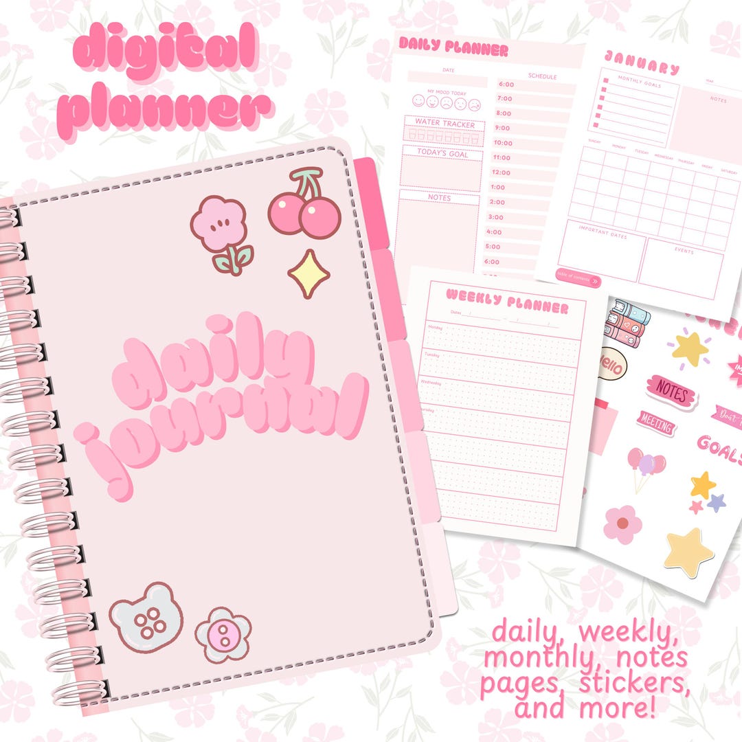 Pink Pastel Digital Planner Kawaii Daily Journal for iPad Goodnotes ...