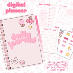 Könnte beinhalten: Ein rosa digitaler Planer mit den Worten "digital planner" und "daily journal" in einer Blasen-Schriftart. Der Planer enthält tägliche, wöchentliche und monatliche Seiten, Aufkleber und mehr. Dekorative Aufkleber mit Blumen, Kirschen und Sternen sind ebenfalls enthalten.