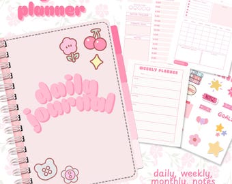 May include: A pink digital planner with the words "digital planner" and "daily journal" in a bubble font. The planner includes daily, weekly, and monthly pages, stickers, and more. Decorative stickers of flowers, cherries, and stars are also included.
