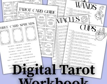 May include: A selection of white printed pages detailing tarot card meanings. Titles such as "Swords," "Wands," and "Cups" are visible. The words "Digital Tarot Workbook" are printed in black at the bottom of the image.