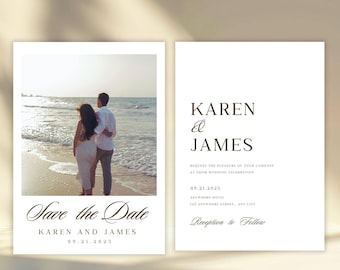 May include: Wedding invitation suite featuring a beach photo and elegant typography. The left card reads "Save the Date" with names and a date. The right card has names, event details, and "Reception to Follow."