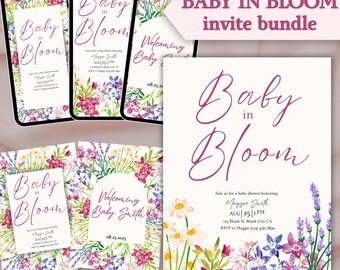 May include: A baby shower invitation bundle featuring a floral design with the words "Baby in Bloom." The invitations include the date, time, and location. The design incorporates pink, purple, and white flowers.