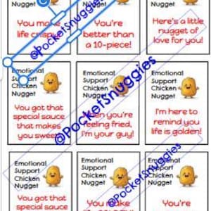 Op de afbeelding: Negen kaarten met de tekst "Emotional Support Chicken Nugget" en zinnen als "You make life crispy!" en "You're better than a 10-piece!" Elke kaart toont een cartoon kipnugget.