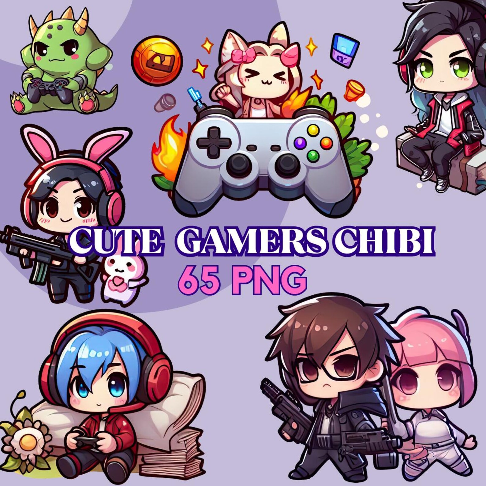 Gamer Chibi Characters Clip Art: Kawaii PNG Graphics (digital Download ...