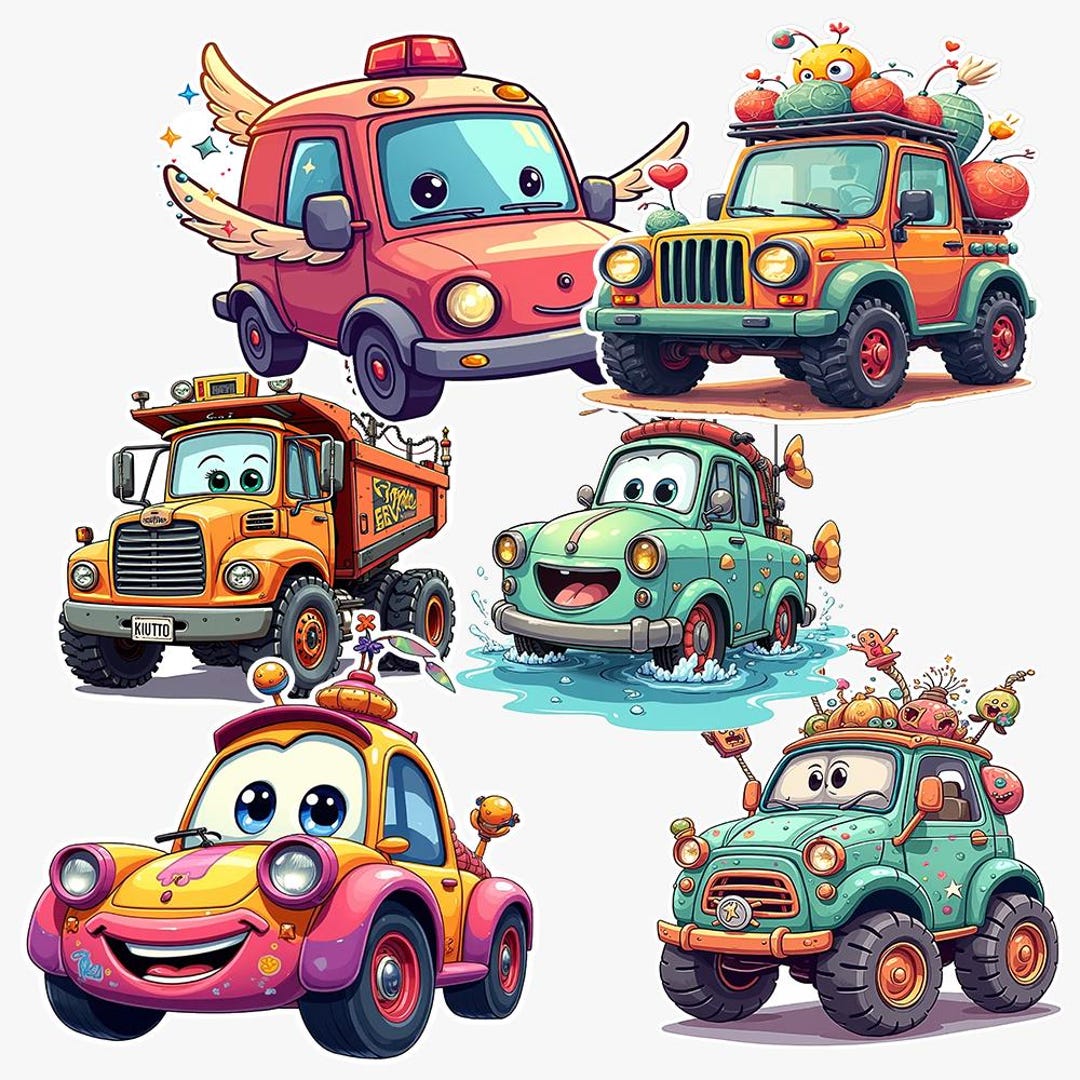 Cartoon Car Sticker Pack: Whimsical Vehicle Designs (digital Download ...