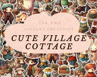 Paquete de imágenes prediseñadas de estilo cottagecore: personajes, animales y decoración de pueblos (descarga digital)
