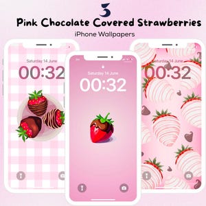 Pink Girly Chocolate Covered Strawberries Aesthetic iPhone Wallpaper Set, Strawberry Phone Wallpapers, Pink Mobile Wallpapers