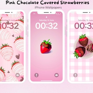Pink Girly Chocolate Covered Strawberries Aesthetic iPhone Wallpaper Set, Strawberry Phone Wallpapers, Pink iPhone Wallpaper Backgrounds