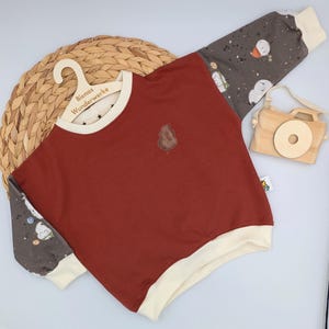 Könnte beinhalten: Ein rostfarbenes Langarm-Sweatshirt mit cremefarbenem Besatz und einer kleinen Baumapplikation. Die Ärmel sind mit einem grauen Hintergrund und weißen Cartoonfiguren gemustert. Das Sweatshirt wird auf einem Holzbügel mit dem Text "Bianas Wunderwerke" präsentiert.