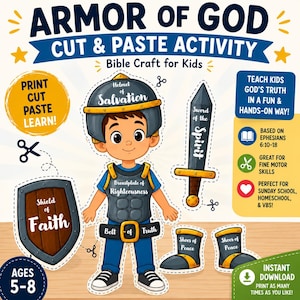 Puede incluir: Actividad de recortar y pegar Armor of God para niños con un personaje de dibujos animados con el casco de la salvación, la coraza de la justicia, el cinturón de la verdad, el escudo de la fe, la espada del espíritu y zapatos de la paz.