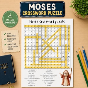 May include: A crossword puzzle titled "Moses Crossword Puzzle" with a list of related words. The puzzle is on a white background with a blue and green border. Includes a graphic of Moses and a "Fun & Educational" sticker.