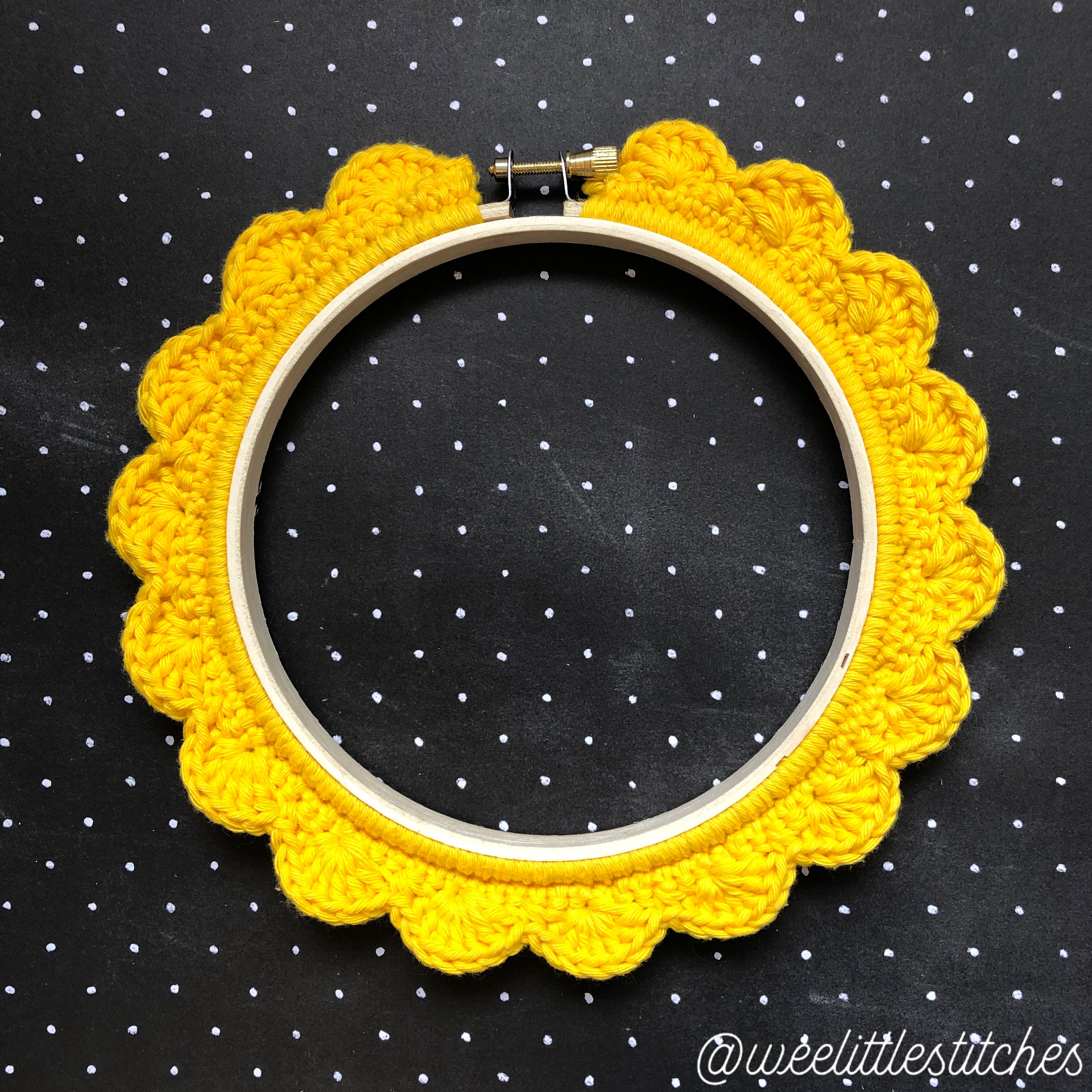 5 inch handstitched hoop  buttercup yellow  crochet embellished 5 inch handstitched hoop  buttercup yellow  crochet embellished