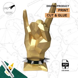 Rock On Hand pdf Printable template | PAPERRAZ | Rock on Papercraft DIY Symbol | Rock n Roll hand gesture | Sign of the horns pdf | 3D hand