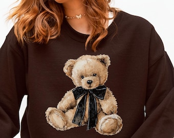 Teddy Bear Sweatshirt Trendy Coquette Winter Crewneck Watercolor Bear Aesthetic Christmas Sweatshirt Cute Bear Cozy Old Money Sweatshirt
