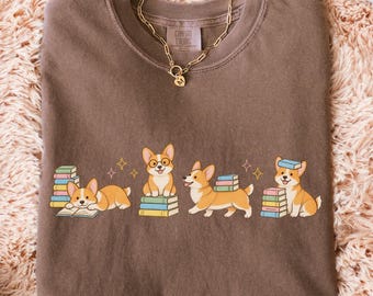 Reading Corgi Shirt, Comfort Colors Bookish Corgi Tee, Corgi Gift for Dog Mom, Book Lover Gift
