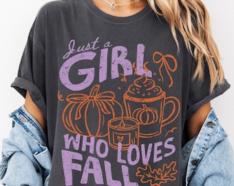 Fall T-Shirt, Comfort Colors Fall Shirt, Just a Girl Who Loves Fall Gift, Cozy Fall Coffee Tshirt, Coquette Shirt, Fall Lover Gift