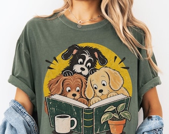 Dog Reading T-shirt, Comfort Colors Dog Bookish Shirt, Book Lover Gift, Dog Mom Gift