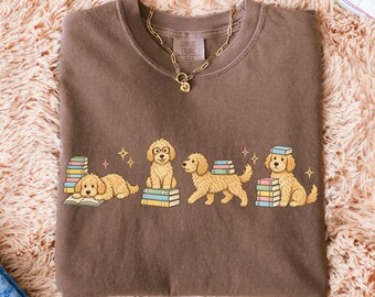 Golden Doodle Bookish T-Shirt, Comfort Colors Goldendoodle Mom Shirt, Book Dog Lover Gift, Doodle Reading Tee, Doodle Dog Bookworm Gift