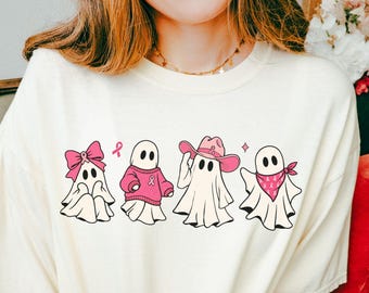 Breast Cancer Awareness Shirt, Comfort Colors Pink Ribbon Halloween Ghost Shirt, Breast Cancer Survivor Gift, In October We Wear Pink