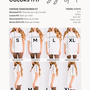 May include: A Comfort Colors 1717 size guide chart featuring front and side views of a t-shirt in sizes S, M, L, and XL. The graphic displays specific measurements in inches for width, length, and sleeve length, alongside model stats and fit descriptions.